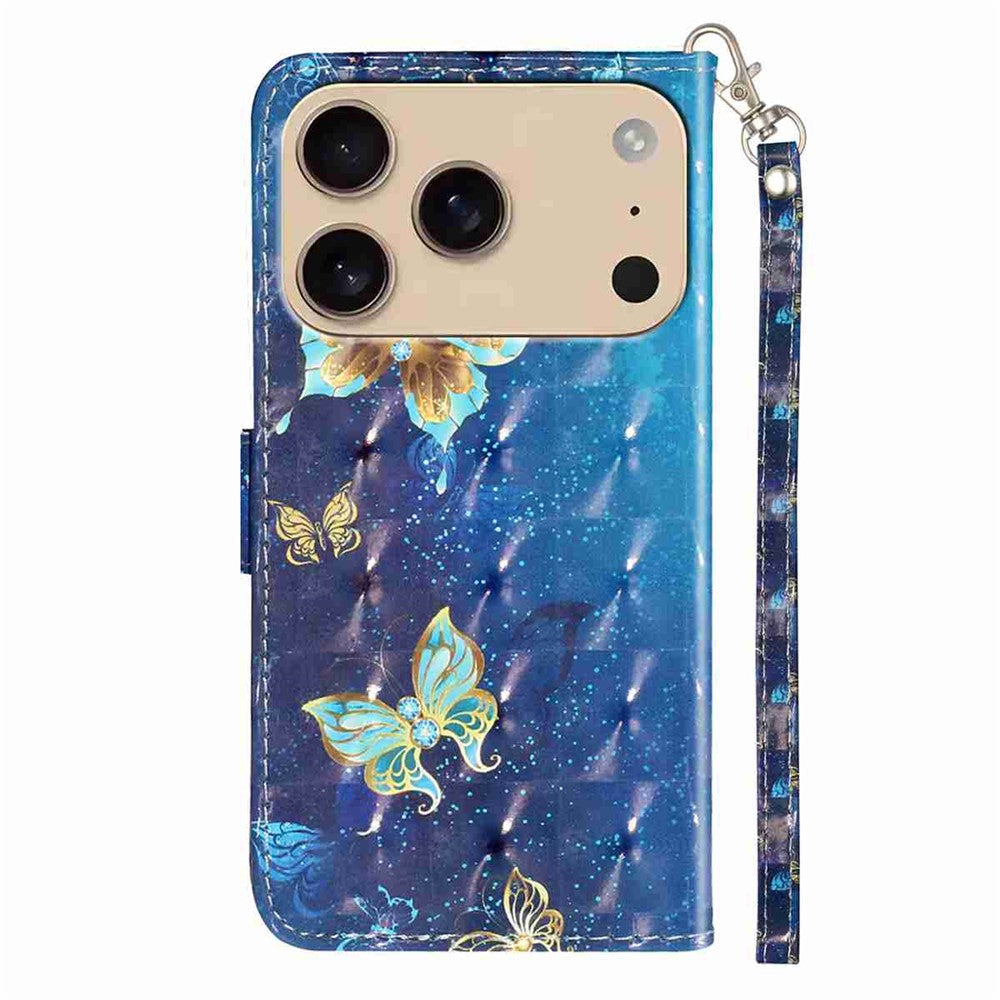For iPhone 17 Pro Max Wallet Case 3D Pattern Printed Leather Phone Cover with Strap - Blue Gold Butterflies