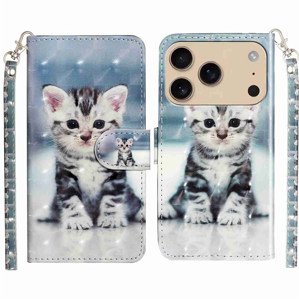 For iPhone 17 Pro Max Wallet Case 3D Pattern Printed Leather Phone Cover with Strap - Cat