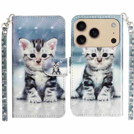 For iPhone 17 Pro Max Wallet Case 3D Pattern Printed Leather Phone Cover with Strap - Cat