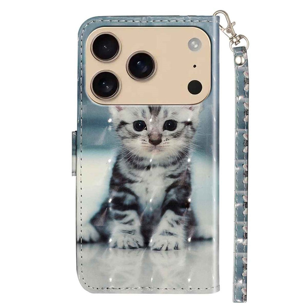 For iPhone 17 Pro Max Wallet Case 3D Pattern Printed Leather Phone Cover with Strap - Cat