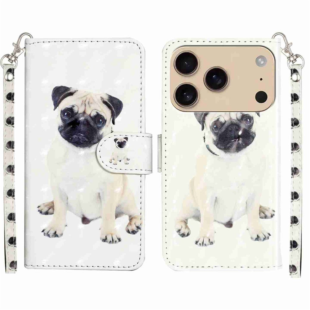 For iPhone 17 Pro Max Wallet Case 3D Pattern Printed Leather Phone Cover with Strap - Dog