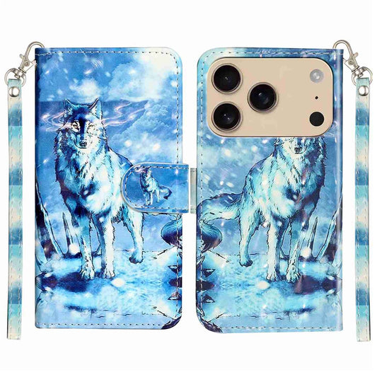 For iPhone 17 Pro Max Wallet Case 3D Pattern Printed Leather Phone Cover with Strap - Snow Wolf
