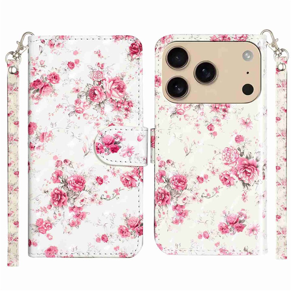 For iPhone 17 Pro Max Wallet Case 3D Pattern Printed Leather Phone Cover with Strap - Roses