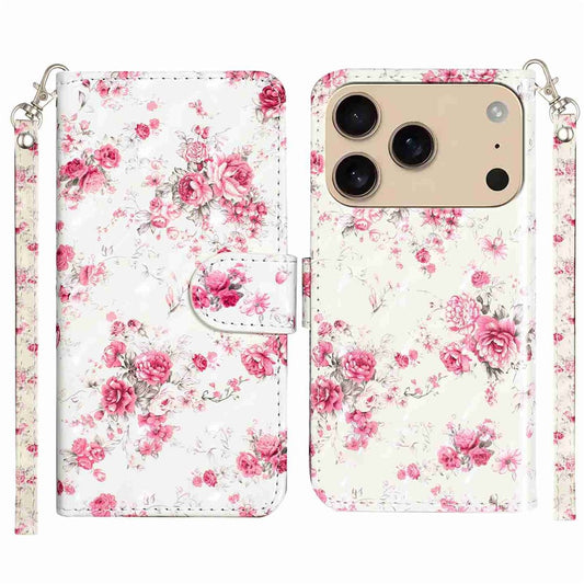 For iPhone 17 Pro Max Wallet Case 3D Pattern Printed Leather Phone Cover with Strap - Roses