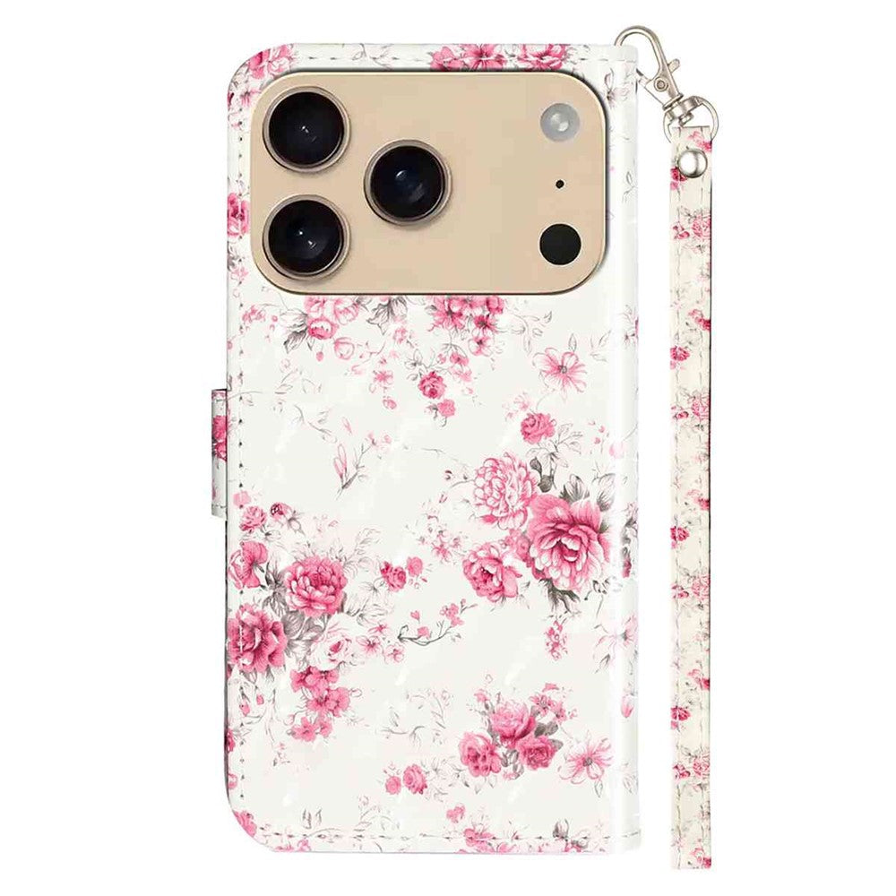 For iPhone 17 Pro Max Wallet Case 3D Pattern Printed Leather Phone Cover with Strap - Roses