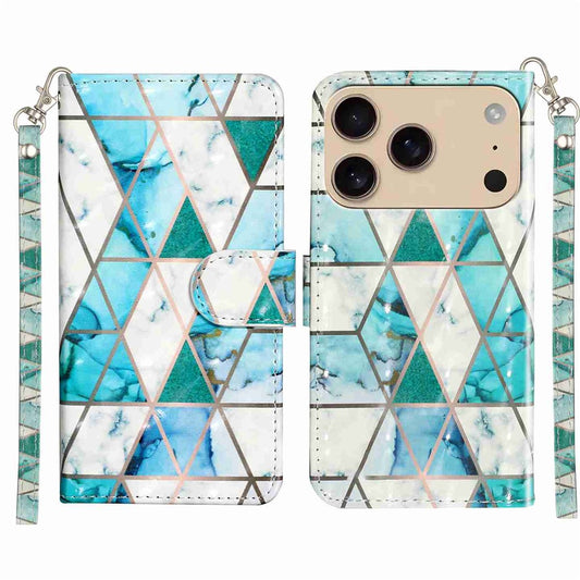 For iPhone 17 Pro Max Wallet Case 3D Pattern Printed Leather Phone Cover with Strap - Green Marble