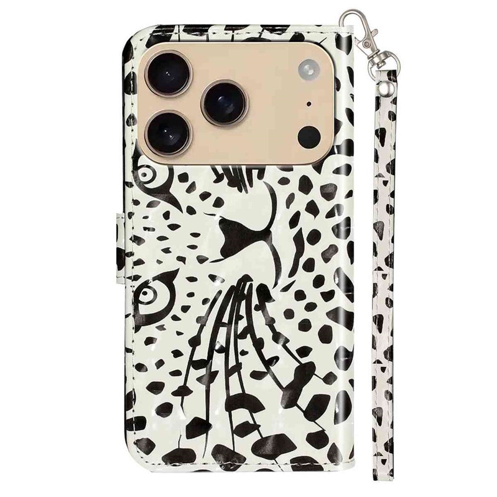 For iPhone 17 Pro Max Wallet Case 3D Pattern Printed Leather Phone Cover with Strap - Leopard Head