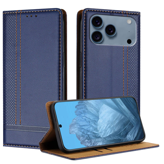 For iPhone 17 Pro Max Case L-Shaped Grid Pattern Leather Stand Phone Cover with Card Slots - Blue