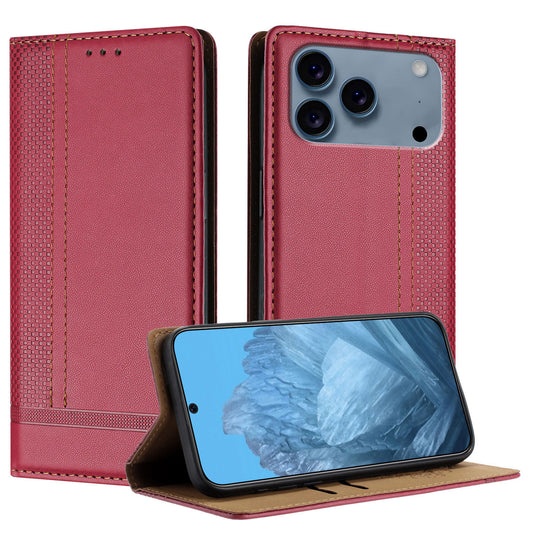 For iPhone 17 Pro Max Case L-Shaped Grid Pattern Leather Stand Phone Cover with Card Slots - Red