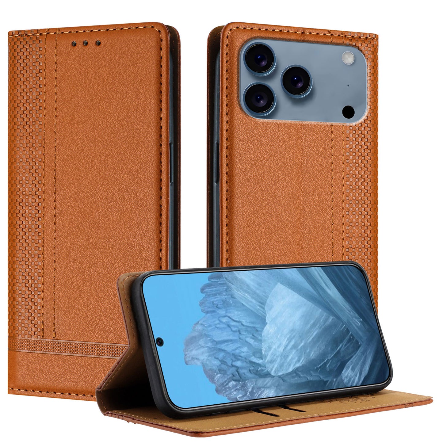 For iPhone 17 Pro Max Case L-Shaped Grid Pattern Leather Stand Phone Cover with Card Slots - Brown
