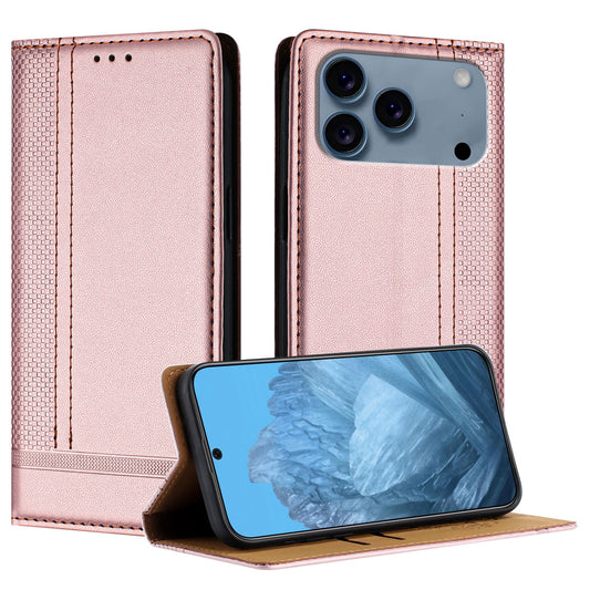 For iPhone 17 Pro Max Case L-Shaped Grid Pattern Leather Stand Phone Cover with Card Slots - Rose Gold