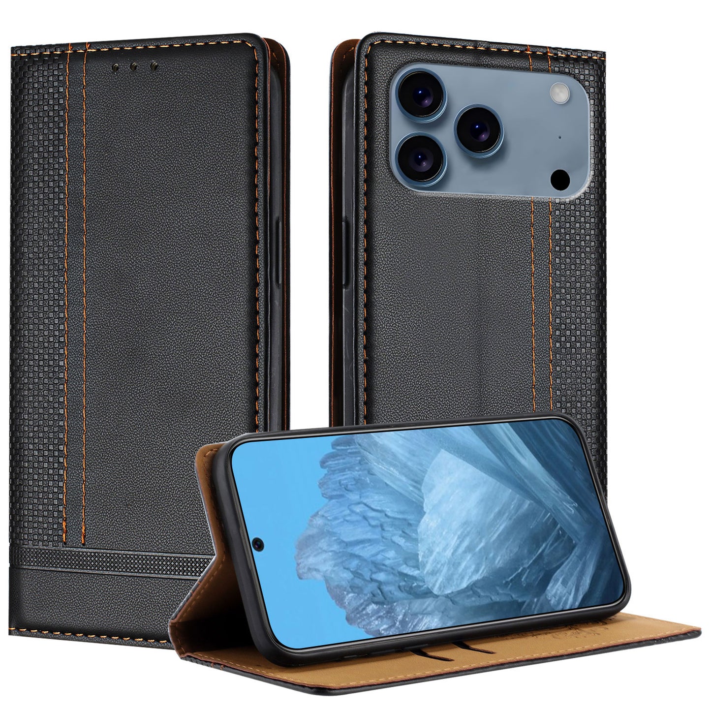 For iPhone 17 Pro Max Case L-Shaped Grid Pattern Leather Stand Phone Cover with Card Slots - Black