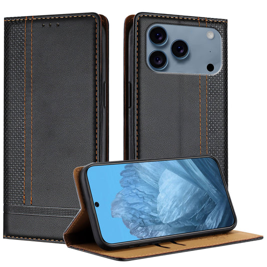 For iPhone 17 Pro Max Case L-Shaped Grid Pattern Leather Stand Phone Cover with Card Slots - Black