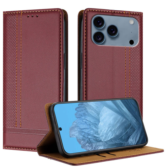For iPhone 17 Pro Max Case L-Shaped Grid Pattern Leather Stand Phone Cover with Card Slots - Wine Red