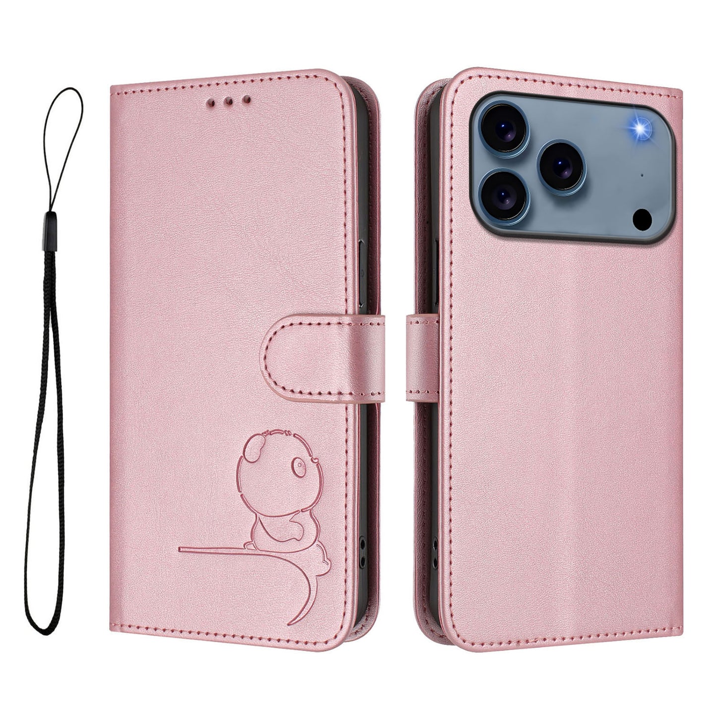For iPhone 17 Pro Max Case Panda Imprint RFID Blocking Wallet Leather Phone Cover with Wrist Strap - Pink
