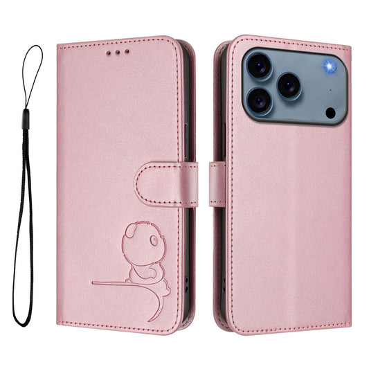For iPhone 17 Pro Max Case Panda Imprint RFID Blocking Wallet Leather Phone Cover with Wrist Strap - Pink