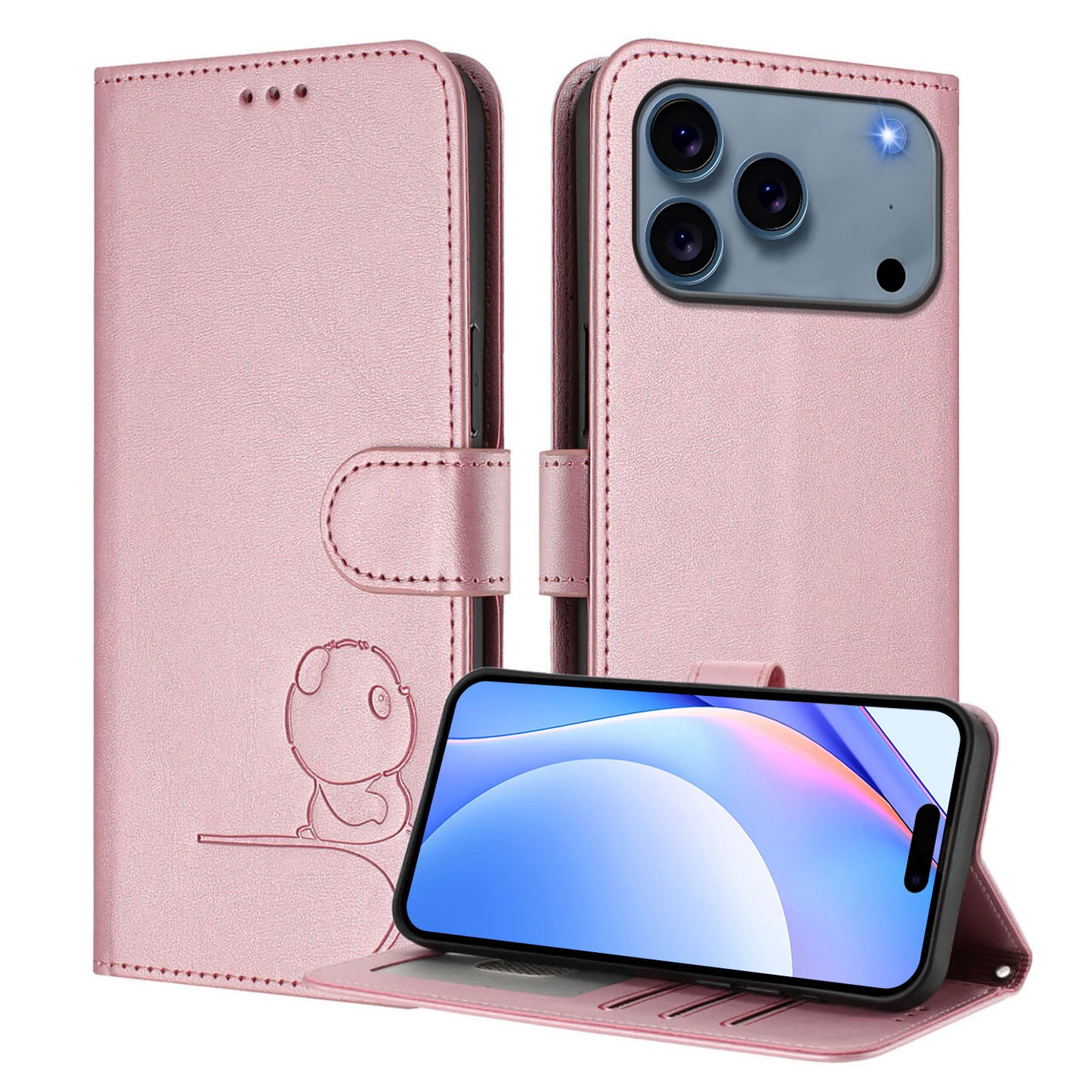 For iPhone 17 Pro Max Case Panda Imprint RFID Blocking Wallet Leather Phone Cover with Wrist Strap - Pink