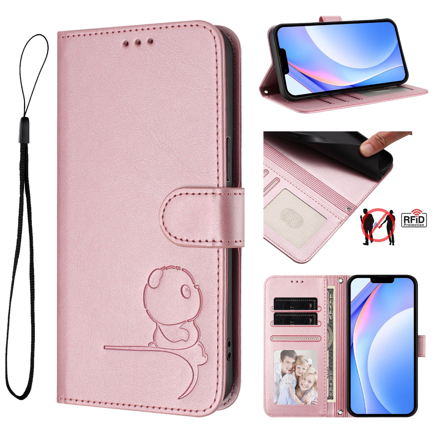 For iPhone 17 Pro Max Case Panda Imprint RFID Blocking Wallet Leather Phone Cover with Wrist Strap - Pink