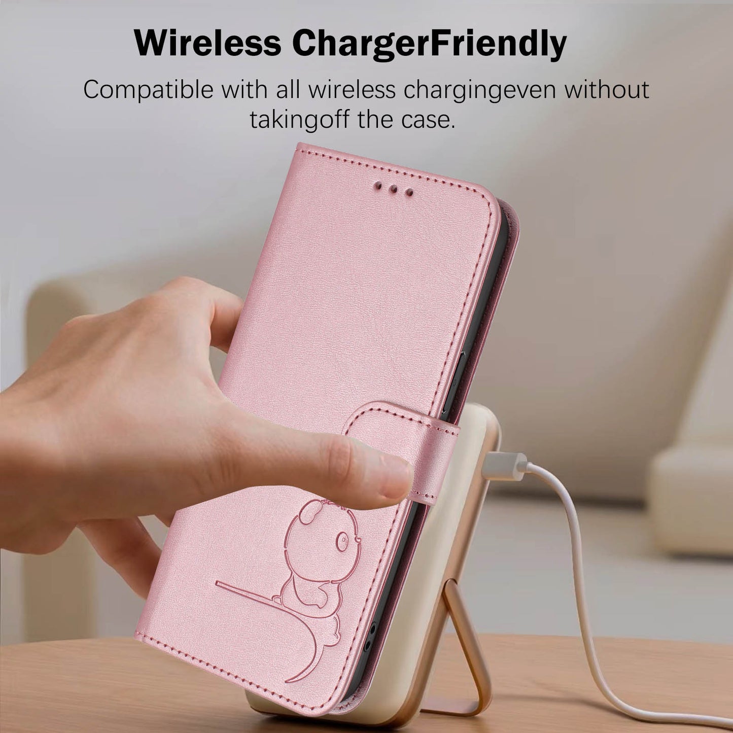 For iPhone 17 Pro Max Case Panda Imprint RFID Blocking Wallet Leather Phone Cover with Wrist Strap - Pink