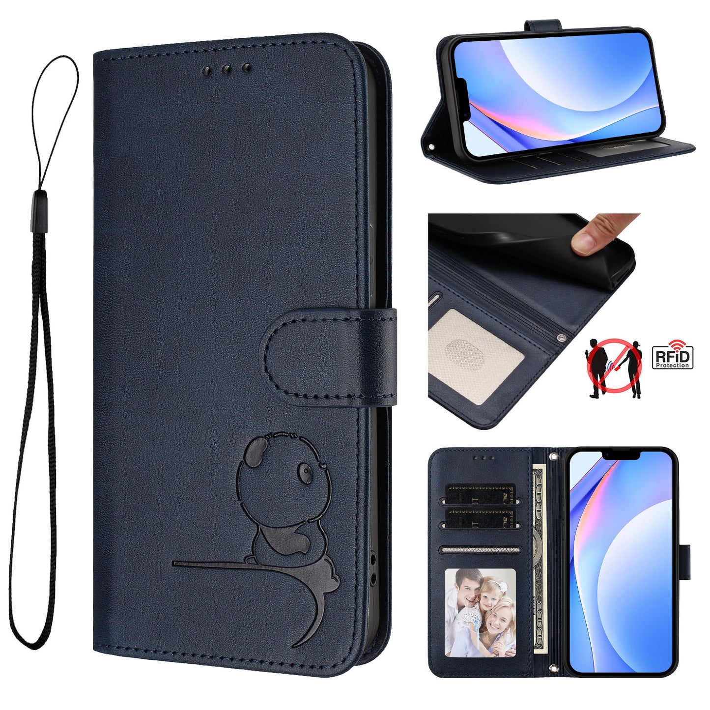 For iPhone 17 Pro Max Case Panda Imprint RFID Blocking Wallet Leather Phone Cover with Wrist Strap - Blue