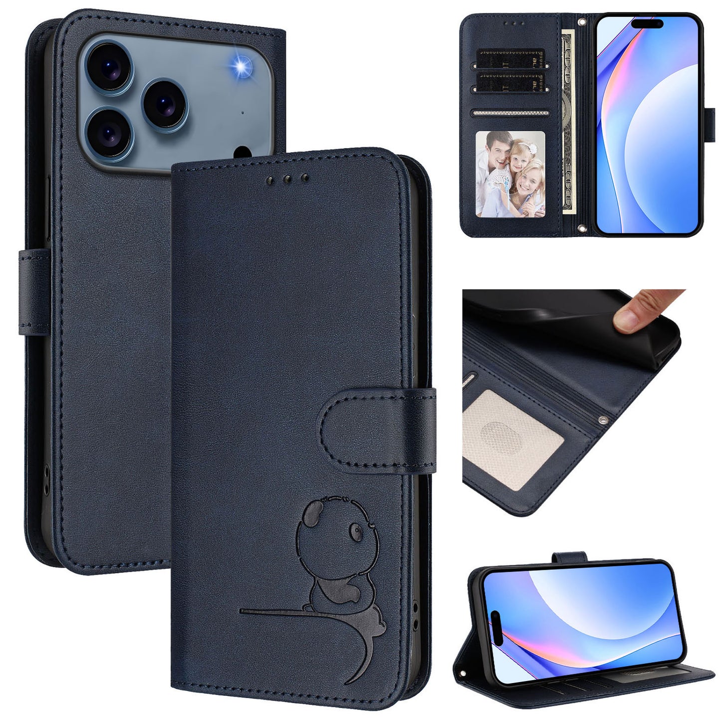 For iPhone 17 Pro Max Case Panda Imprint RFID Blocking Wallet Leather Phone Cover with Wrist Strap - Blue