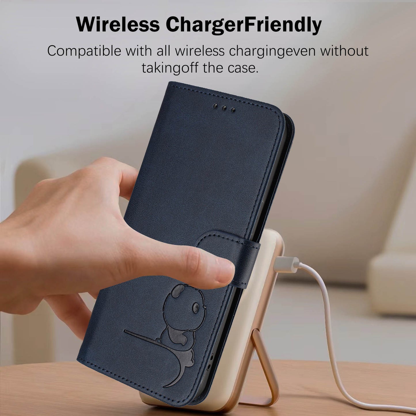 For iPhone 17 Pro Max Case Panda Imprint RFID Blocking Wallet Leather Phone Cover with Wrist Strap - Blue