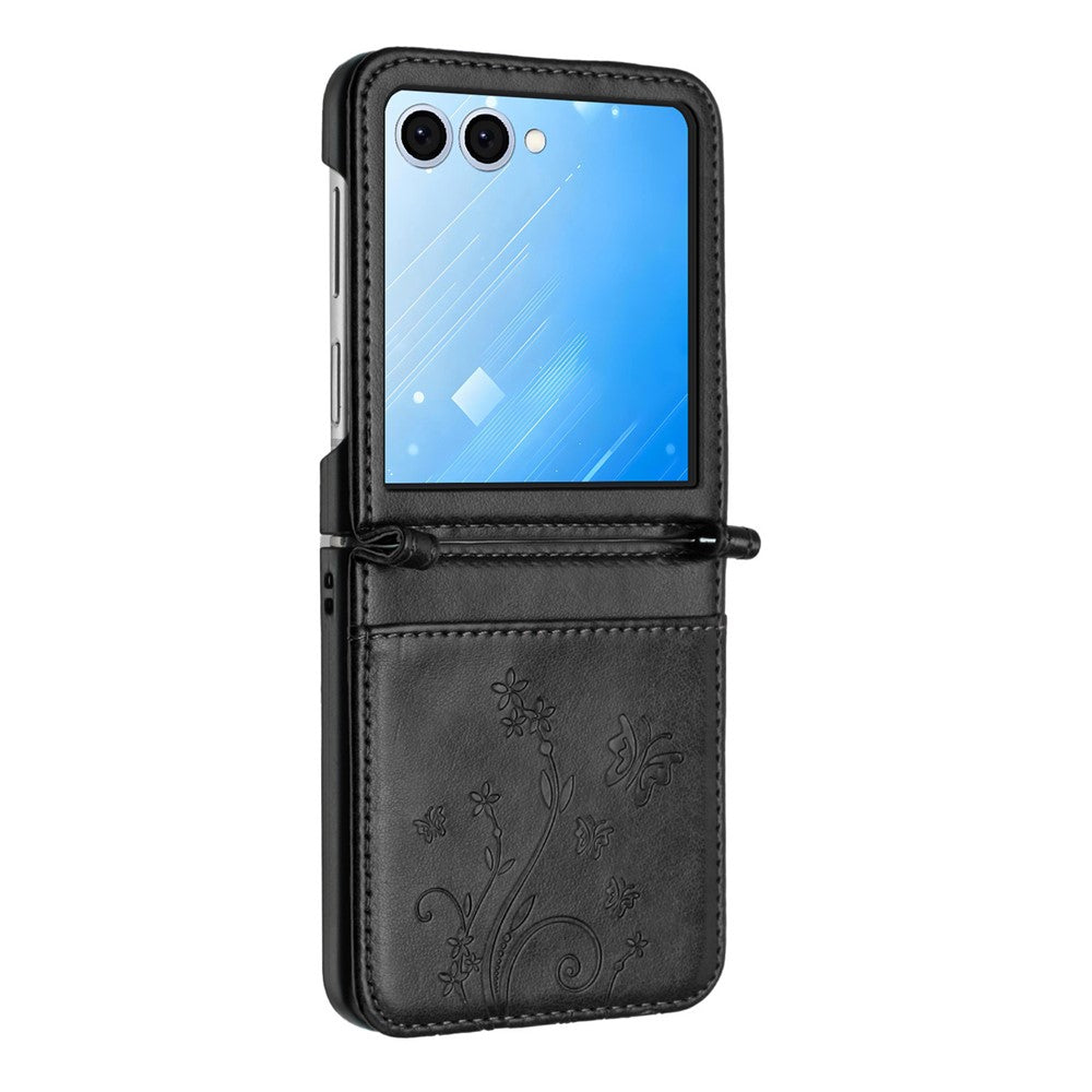 For Samsung Galaxy Z Flip7 5G Case Butterfly Flower Imprinted Leather Phone Cover - Black