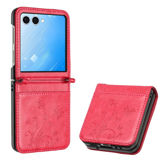 For Samsung Galaxy Z Flip7 5G Case Butterfly Flower Imprinted Leather Phone Cover - Red