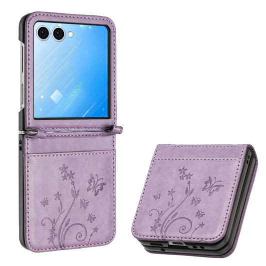For Samsung Galaxy Z Flip7 5G Case Butterfly Flower Imprinted Leather Phone Cover - Light Purple