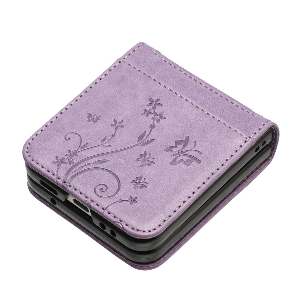 For Samsung Galaxy Z Flip7 5G Case Butterfly Flower Imprinted Leather Phone Cover - Light Purple