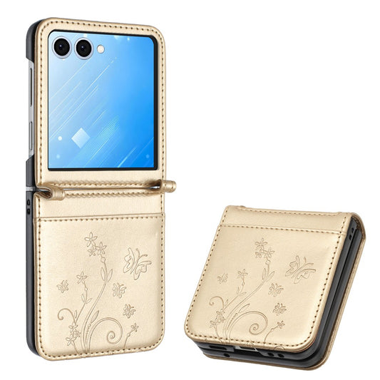For Samsung Galaxy Z Flip7 5G Case Butterfly Flower Imprinted Leather Phone Cover - Gold