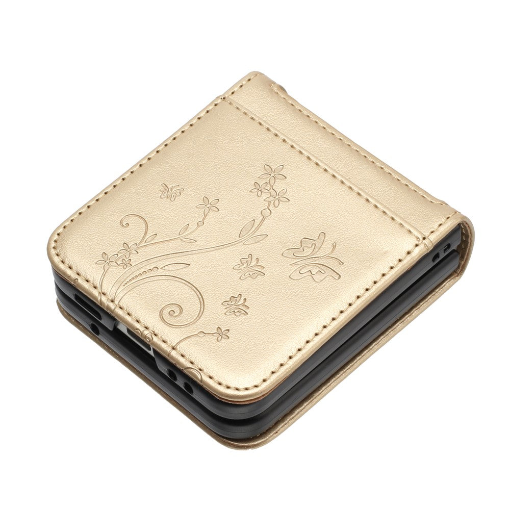 For Samsung Galaxy Z Flip7 5G Case Butterfly Flower Imprinted Leather Phone Cover - Gold