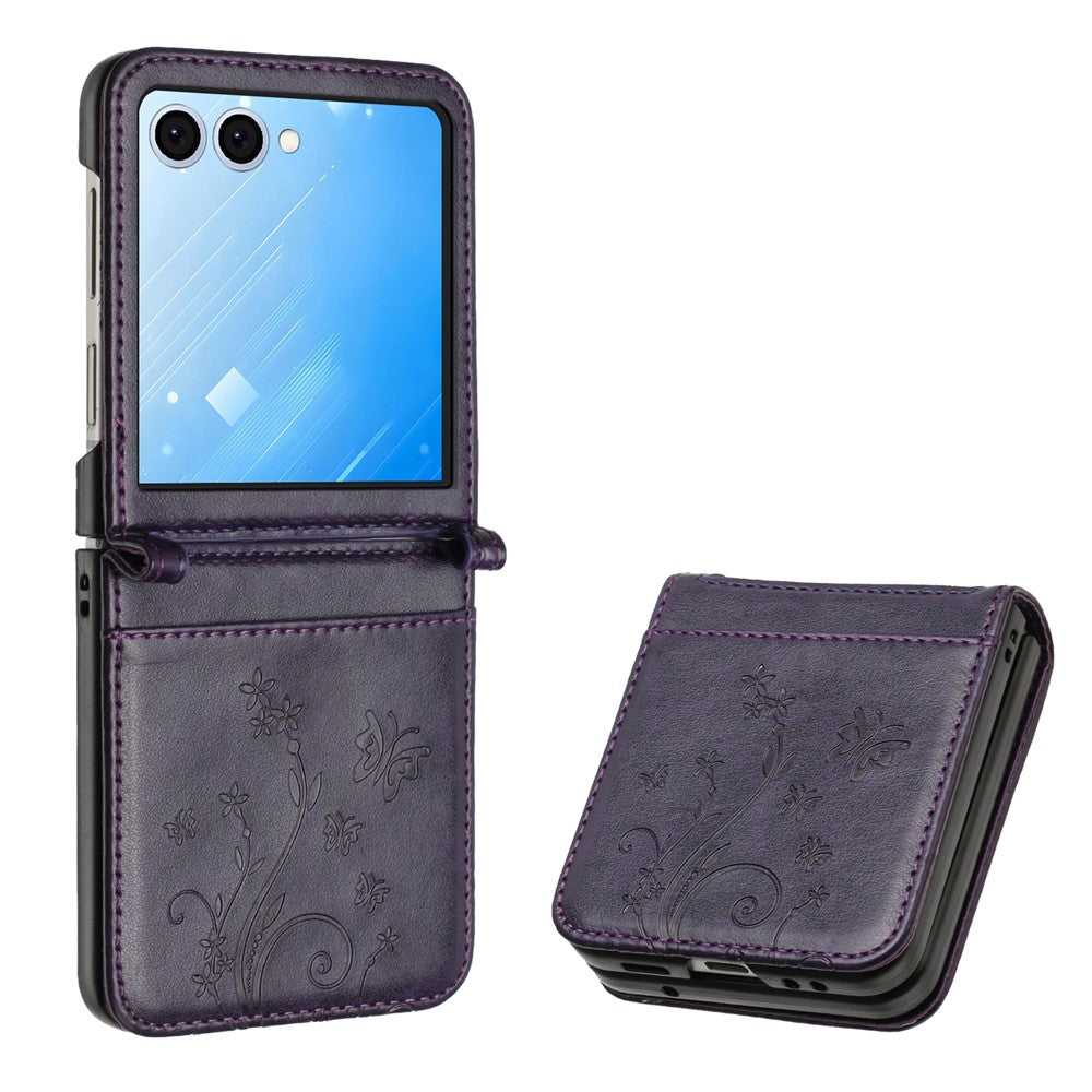 For Samsung Galaxy Z Flip7 5G Case Butterfly Flower Imprinted Leather Phone Cover - Dark Purple