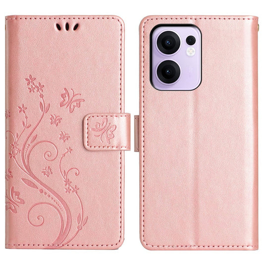 For Oppo Reno13 F 4G / 5G Leather Wallet Case Butterfly Flower Imprinted Phone Cover with Strap - Rose Gold