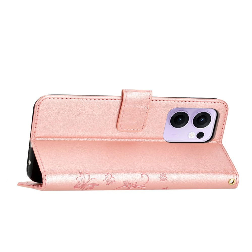 For Oppo Reno13 F 4G / 5G Leather Wallet Case Butterfly Flower Imprinted Phone Cover with Strap - Rose Gold