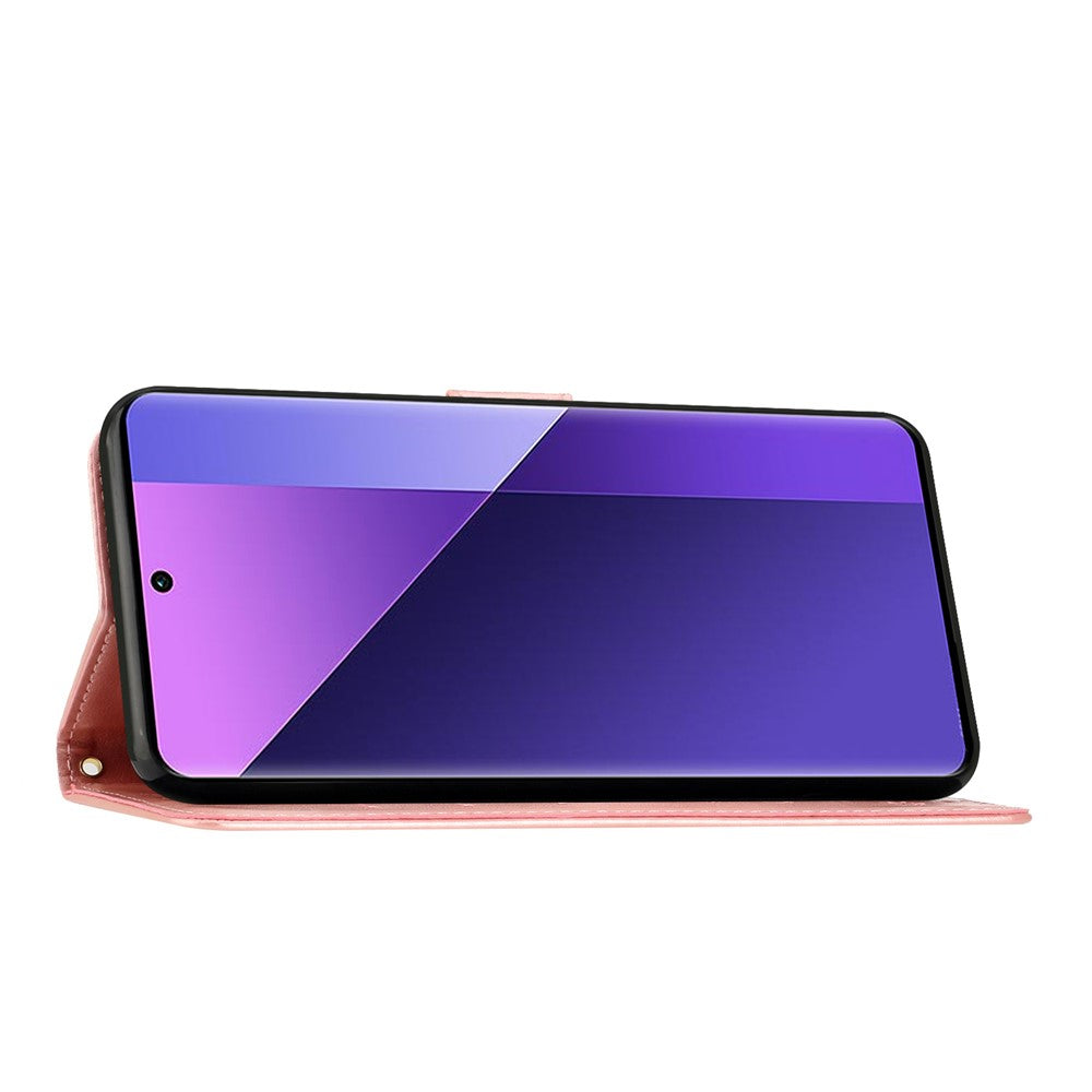 For Oppo Reno13 F 4G / 5G Leather Wallet Case Butterfly Flower Imprinted Phone Cover with Strap - Rose Gold