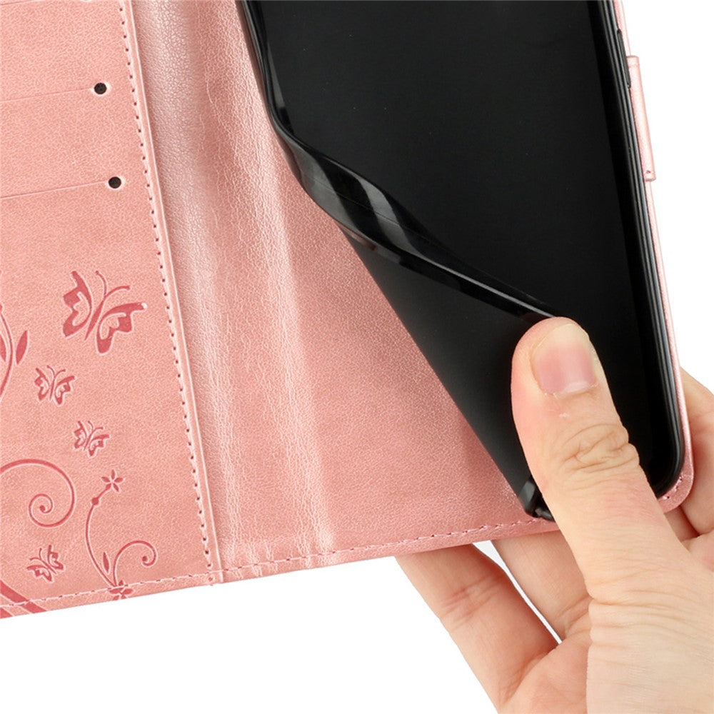For Oppo Reno13 F 4G / 5G Leather Wallet Case Butterfly Flower Imprinted Phone Cover with Strap - Rose Gold