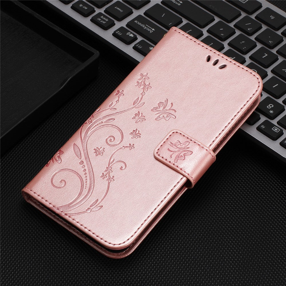 For Oppo Reno13 F 4G / 5G Leather Wallet Case Butterfly Flower Imprinted Phone Cover with Strap - Rose Gold