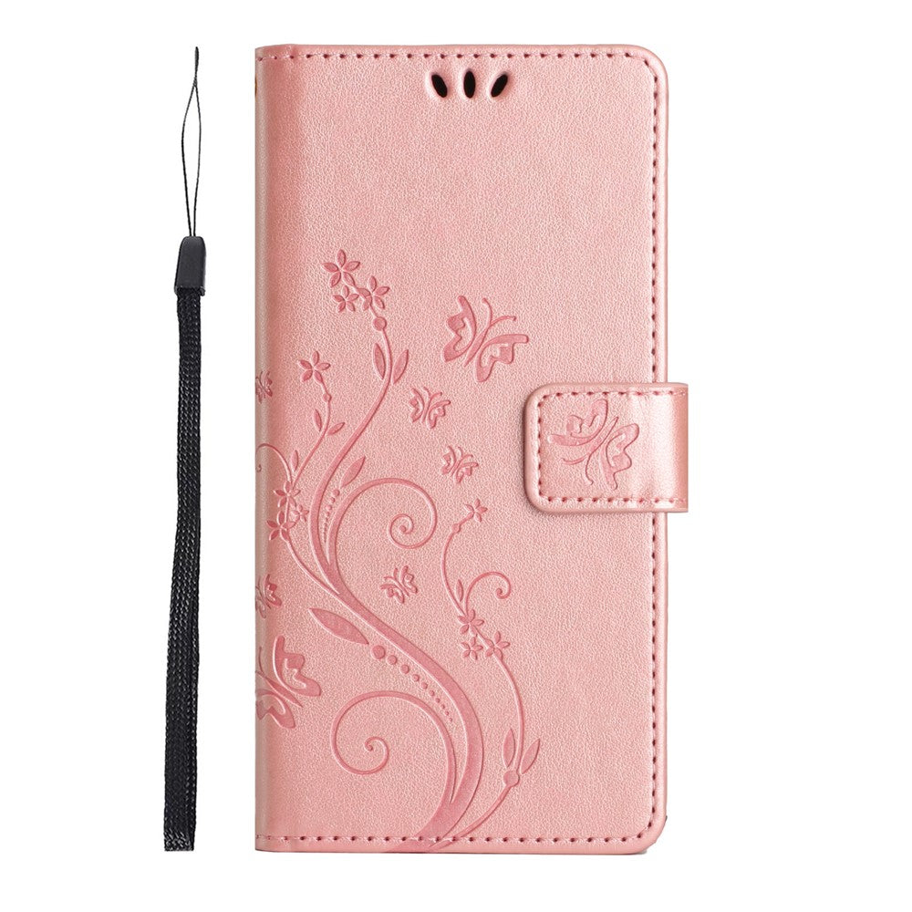 For Oppo Reno13 F 4G / 5G Leather Wallet Case Butterfly Flower Imprinted Phone Cover with Strap - Rose Gold