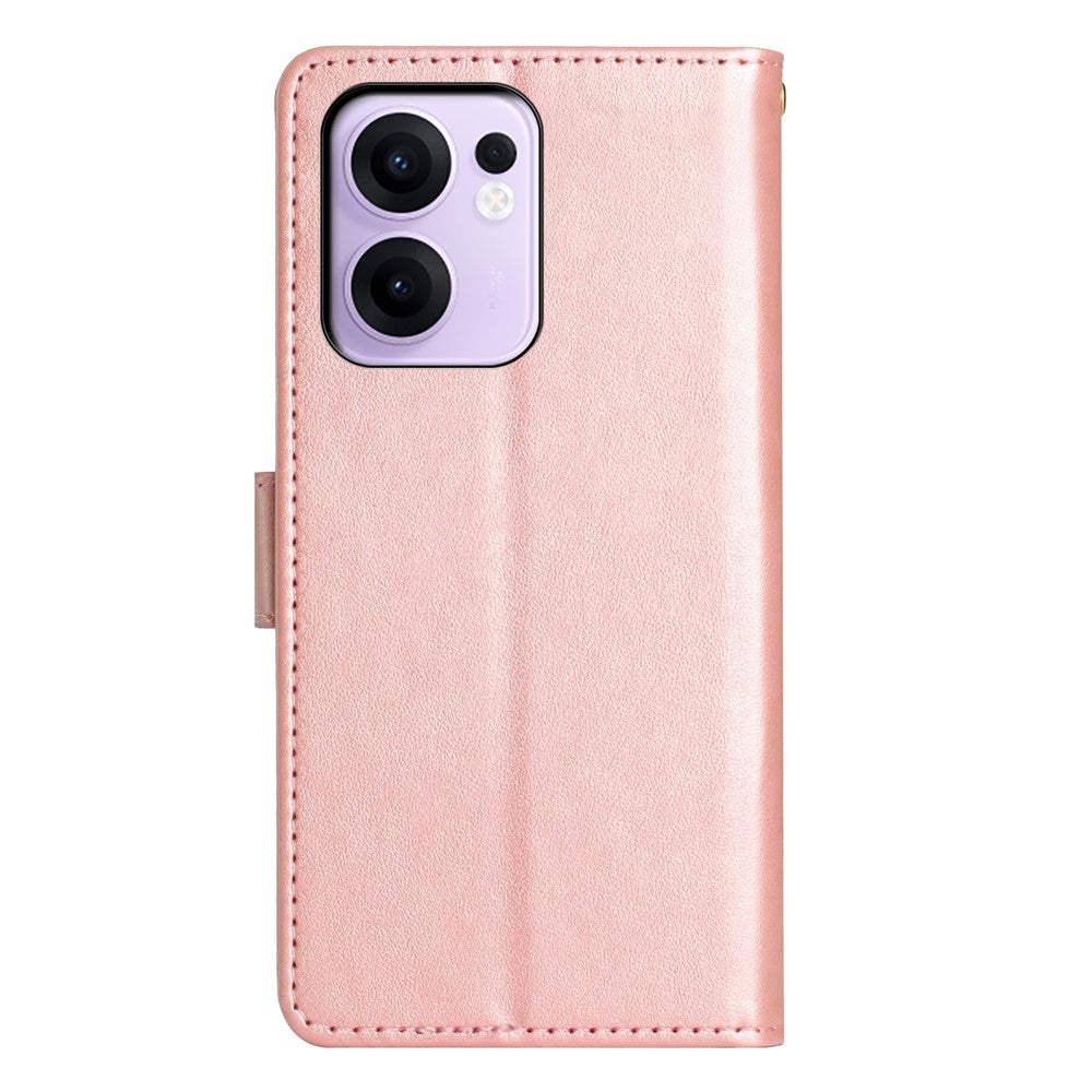For Oppo Reno13 F 4G / 5G Leather Wallet Case Butterfly Flower Imprinted Phone Cover with Strap - Rose Gold