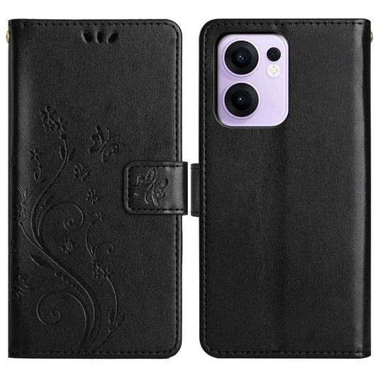 For Oppo Reno13 F 4G / 5G Leather Wallet Case Butterfly Flower Imprinted Phone Cover with Strap - Black