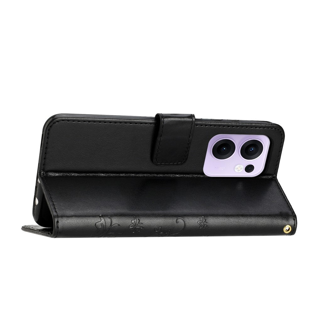 For Oppo Reno13 F 4G / 5G Leather Wallet Case Butterfly Flower Imprinted Phone Cover with Strap - Black