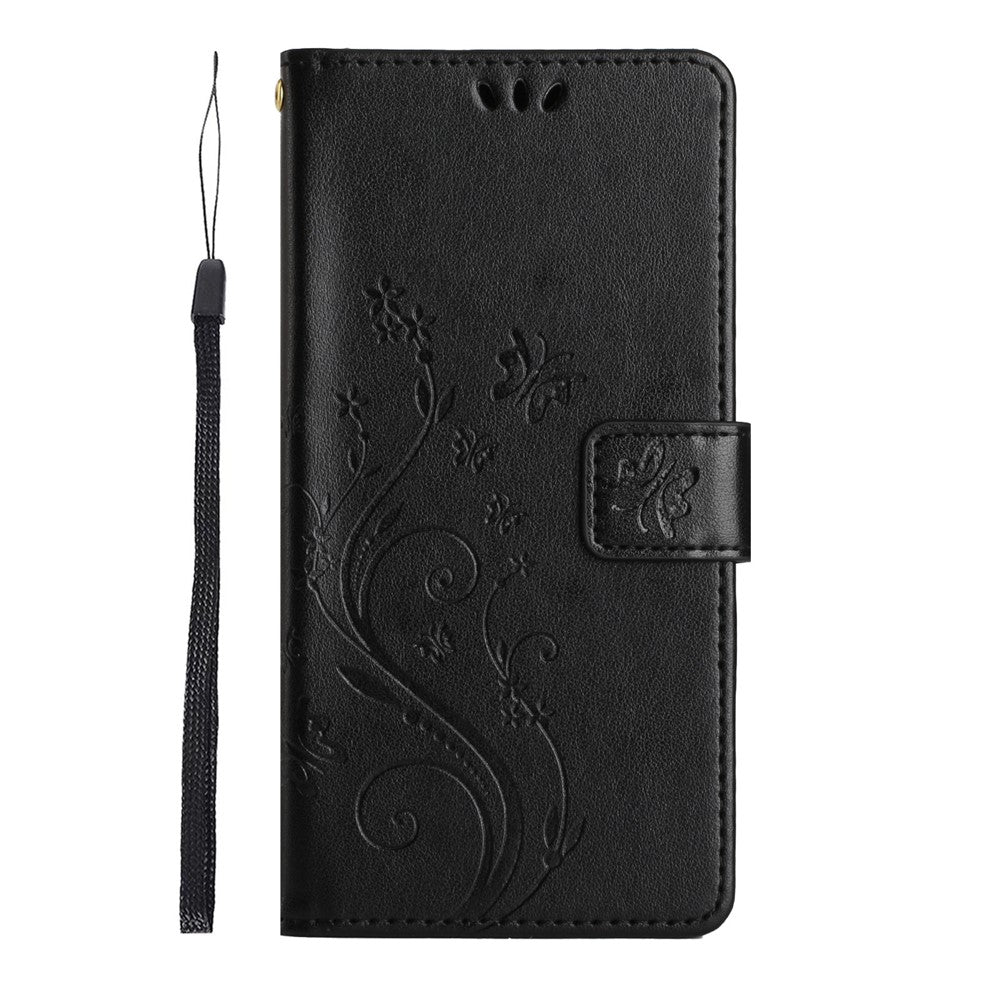 For Oppo Reno13 F 4G / 5G Leather Wallet Case Butterfly Flower Imprinted Phone Cover with Strap - Black