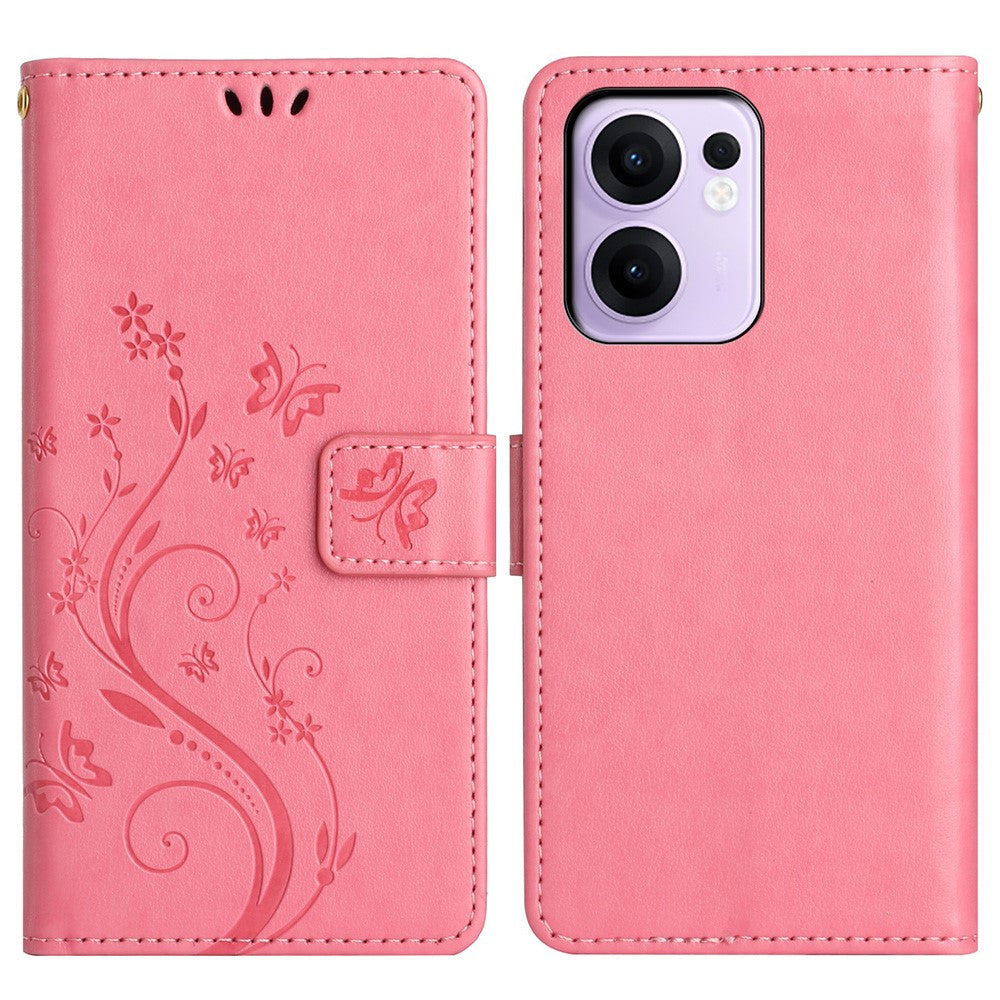 For Oppo Reno13 F 4G / 5G Leather Wallet Case Butterfly Flower Imprinted Phone Cover with Strap - Pink