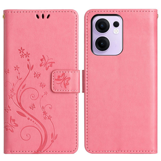 For Oppo Reno13 F 4G / 5G Leather Wallet Case Butterfly Flower Imprinted Phone Cover with Strap - Pink