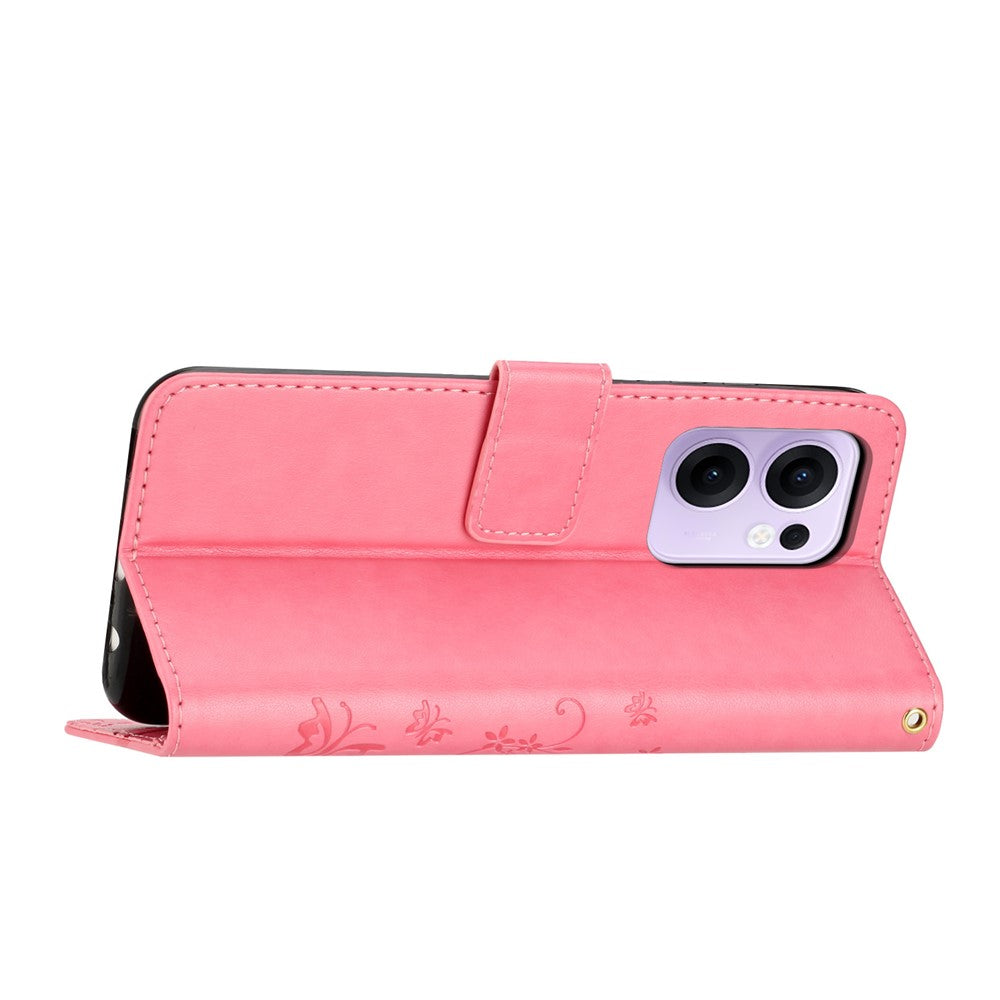 For Oppo Reno13 F 4G / 5G Leather Wallet Case Butterfly Flower Imprinted Phone Cover with Strap - Pink