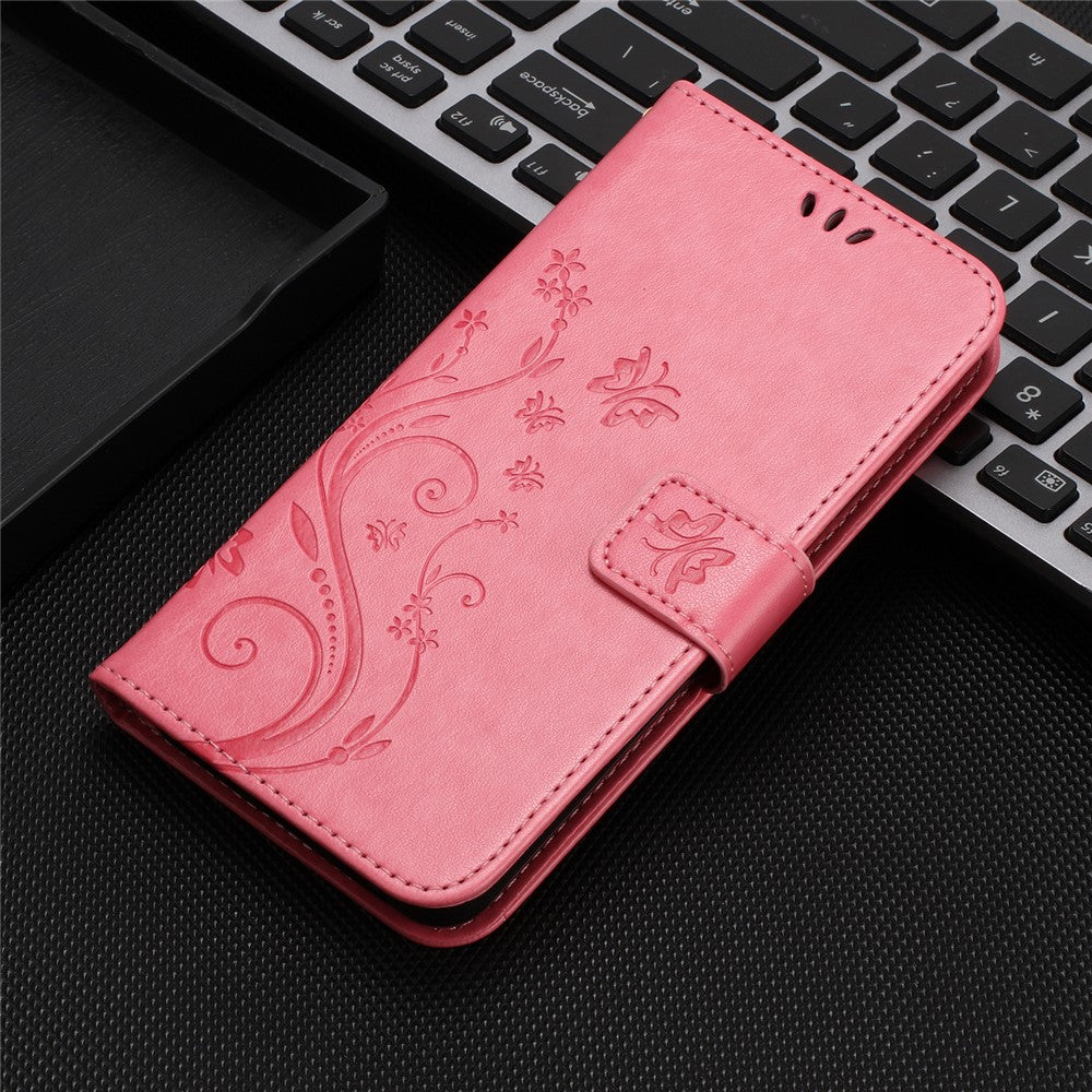 For Oppo Reno13 F 4G / 5G Leather Wallet Case Butterfly Flower Imprinted Phone Cover with Strap - Pink