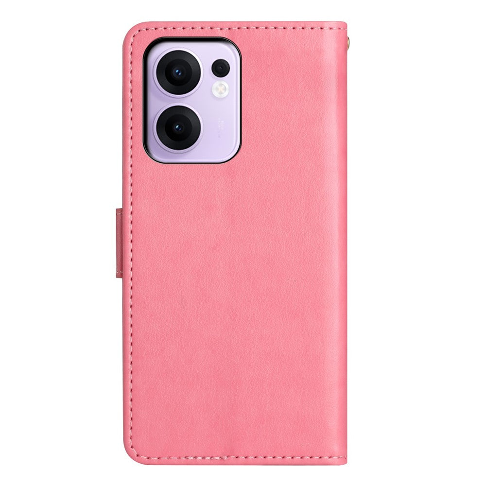 For Oppo Reno13 F 4G / 5G Leather Wallet Case Butterfly Flower Imprinted Phone Cover with Strap - Pink