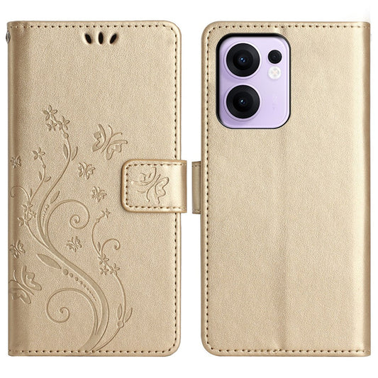 For Oppo Reno13 F 4G / 5G Leather Wallet Case Butterfly Flower Imprinted Phone Cover with Strap - Gold