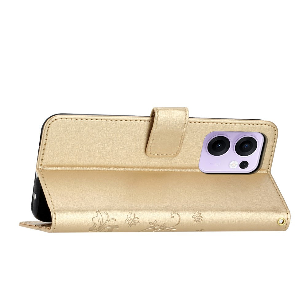 For Oppo Reno13 F 4G / 5G Leather Wallet Case Butterfly Flower Imprinted Phone Cover with Strap - Gold